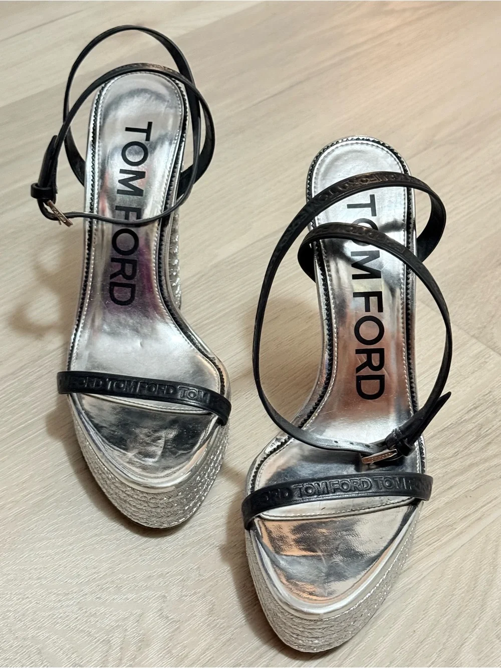 Tom Ford Silver and Black Platform Espadrille Sandals
